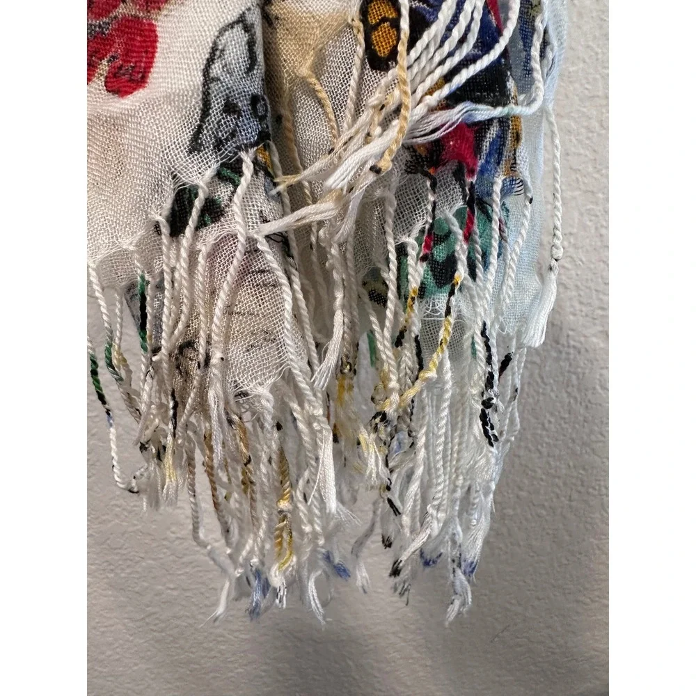 Old Navy Butterfly Print Scarf Shawl White Multi Color‎ Fringe Trim One Size